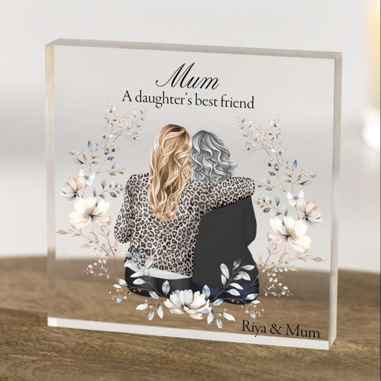 Personalised Mothers Day gift from daughter, dear mum custom portrait print of mum and her daughter hugging back view illustration, mum and daughter personalised picture acrylic plaque keepsake ornament