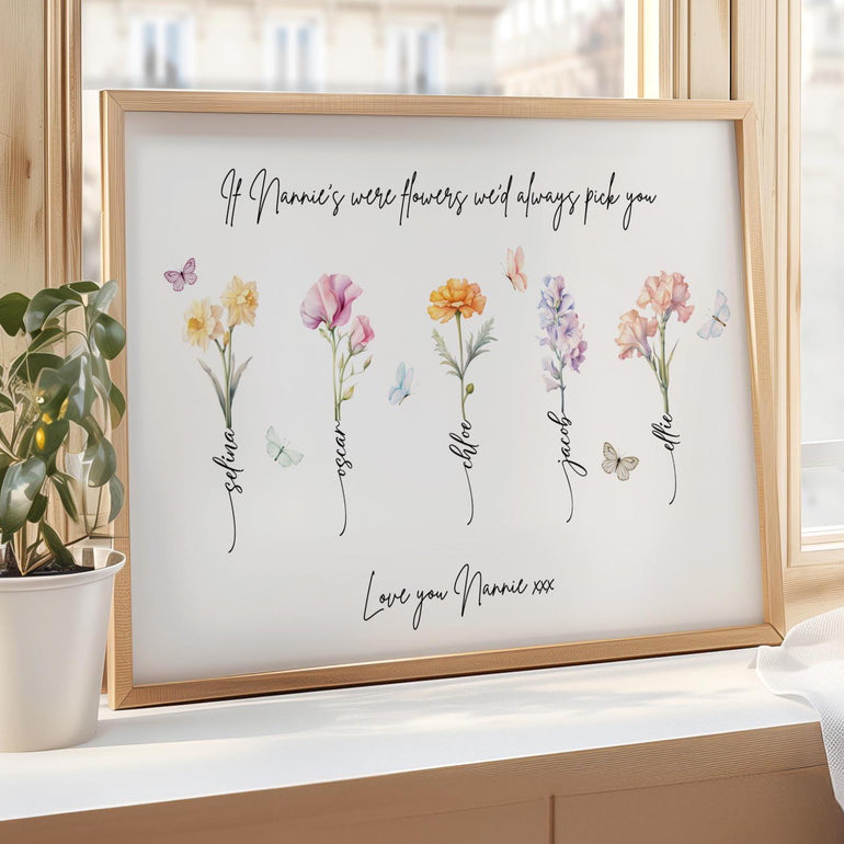 Personalised Flower Art Print, Mothers Day Gift Birth Month Flower Gift, Grandma&#39;s Garden, Custom Family Print, Gift for Mum, Our Family Print, Gift for Grandparents Wall Art flower gift for mothers day, gardening lover gifts