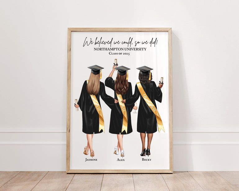3 Best Friends Personalised Graduation Gift, Group Grad Gifts, Class of Any Year, Custom Keepsake Print, University, Roommates, Coworkers