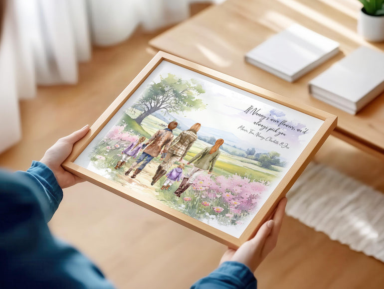 Nanny with Grandchildren Country Walking Portrait, Nana Mothers Day Gift, Birthday Present, Christmas Gifts, Personalised Wall Art
