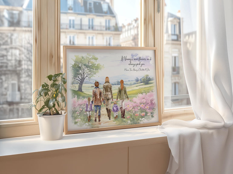 Nanny with Grandchildren Country Walking Portrait, Nana Mothers Day Gift, Birthday Present, Christmas Gifts, Personalised Wall Art