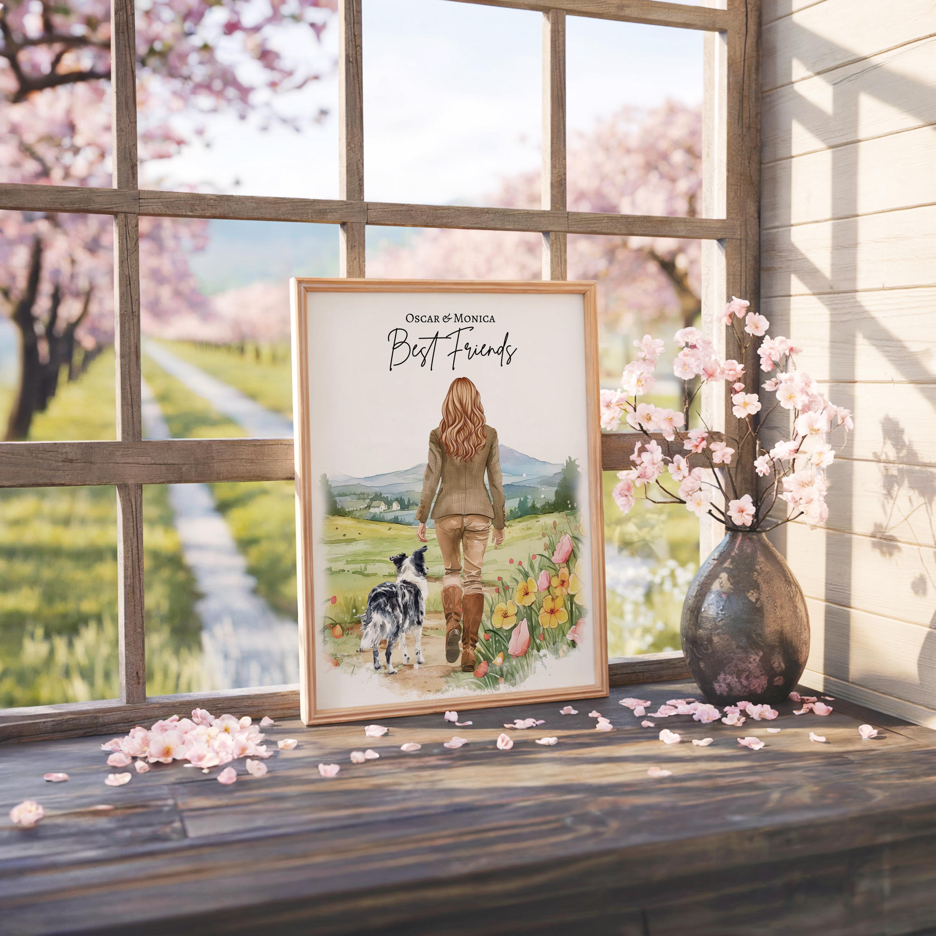 Girl and Dog portrait print, Country walks female Gift from dog, Mom Gift, Mum gifts, Best friends, new home, pet portrait print, personalised prints poster, home decor dog lover faceless portrait male and dog