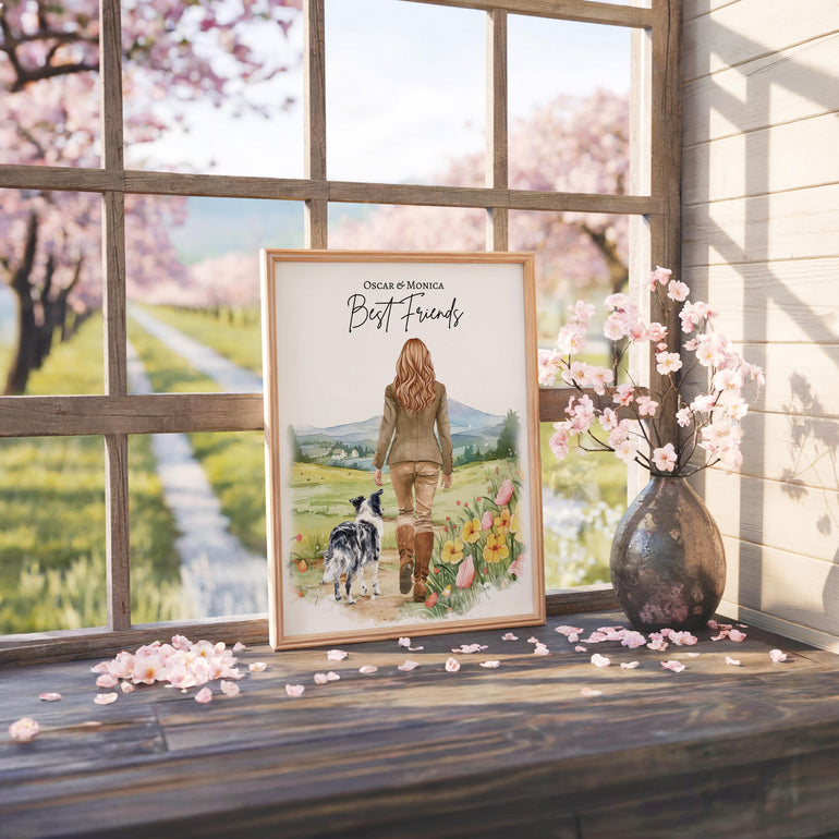 Girl and Dog portrait print, Country walks female Gift from dog, Mom Gift, Mum gifts, Best friends, new home, pet portrait print, personalised prints poster, home decor dog lover faceless portrait male and dog