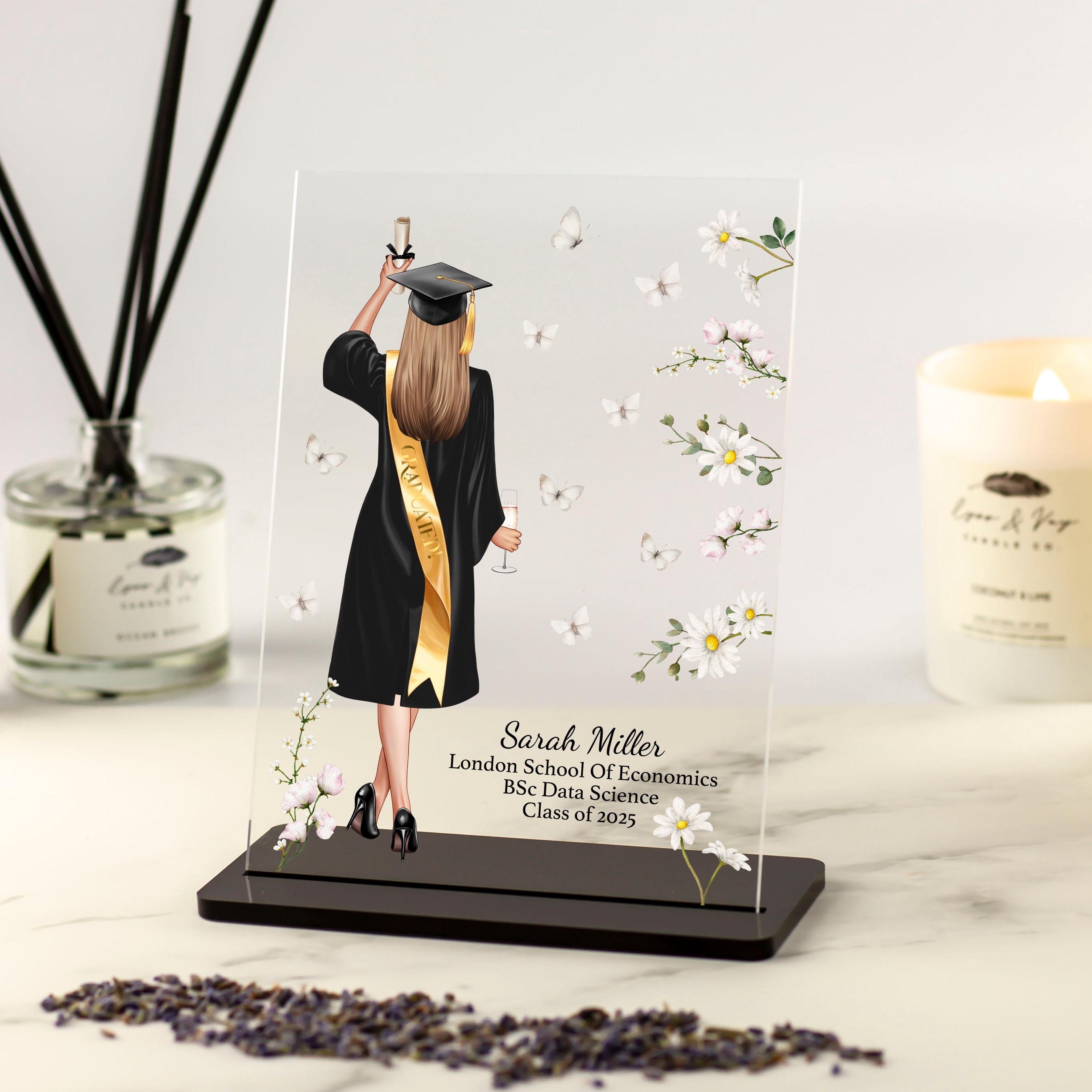 Graduation Gift for Her Acrylic Plaque with Stand, Personalised grad gifts for daughter, bestfriend, sister, coworker, Bestie, Girlfriend, Mum, Wife, Nurse, Doctor, Teacher,vet, accountant, finance, medical, profession, congratulations, she believed she could so she did, daisy flowers and butterflies, class of 2025 2026 2027