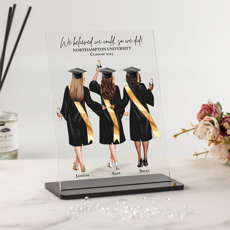 Group Graduation Print Acrylic Plaque, 3 Females Best friends Keepsake, Proud of you gifts, congrats Grad present, professional qualification completion gifts for staff, coworkers, undergraduates, work placement, team passing exams gift, alevels, gcse, gnvq, college graduation diploma, high school graduations, senior graduation, cheerleaders, sorority gift