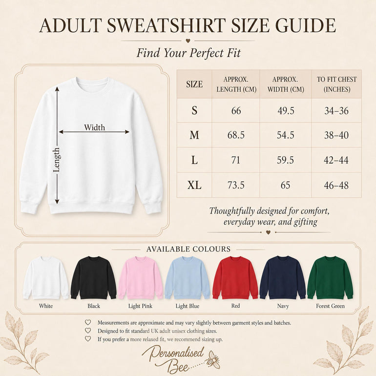 Adult sweatshirt size guide showing length, width and chest measurements for sizes S to XL, with seven colour options