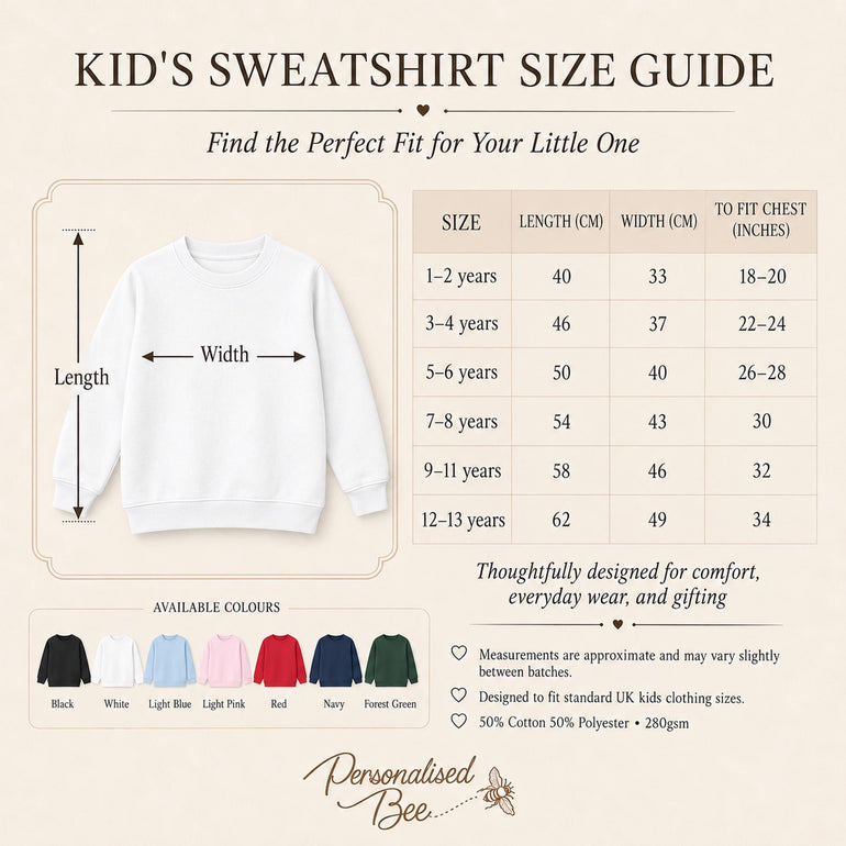Kids sweatshirt size guide showing length, width and chest measurements for ages 1-2 to 12-13 years, with seven colour options