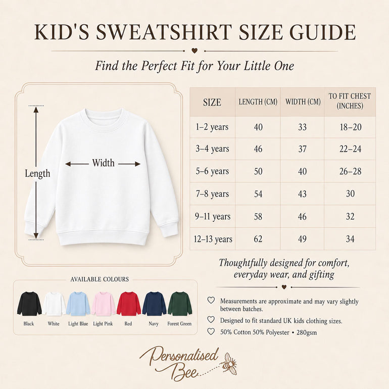Kids sweatshirt size guide showing length, width and chest measurements for ages 1-2 to 12-13 years, with seven colour options