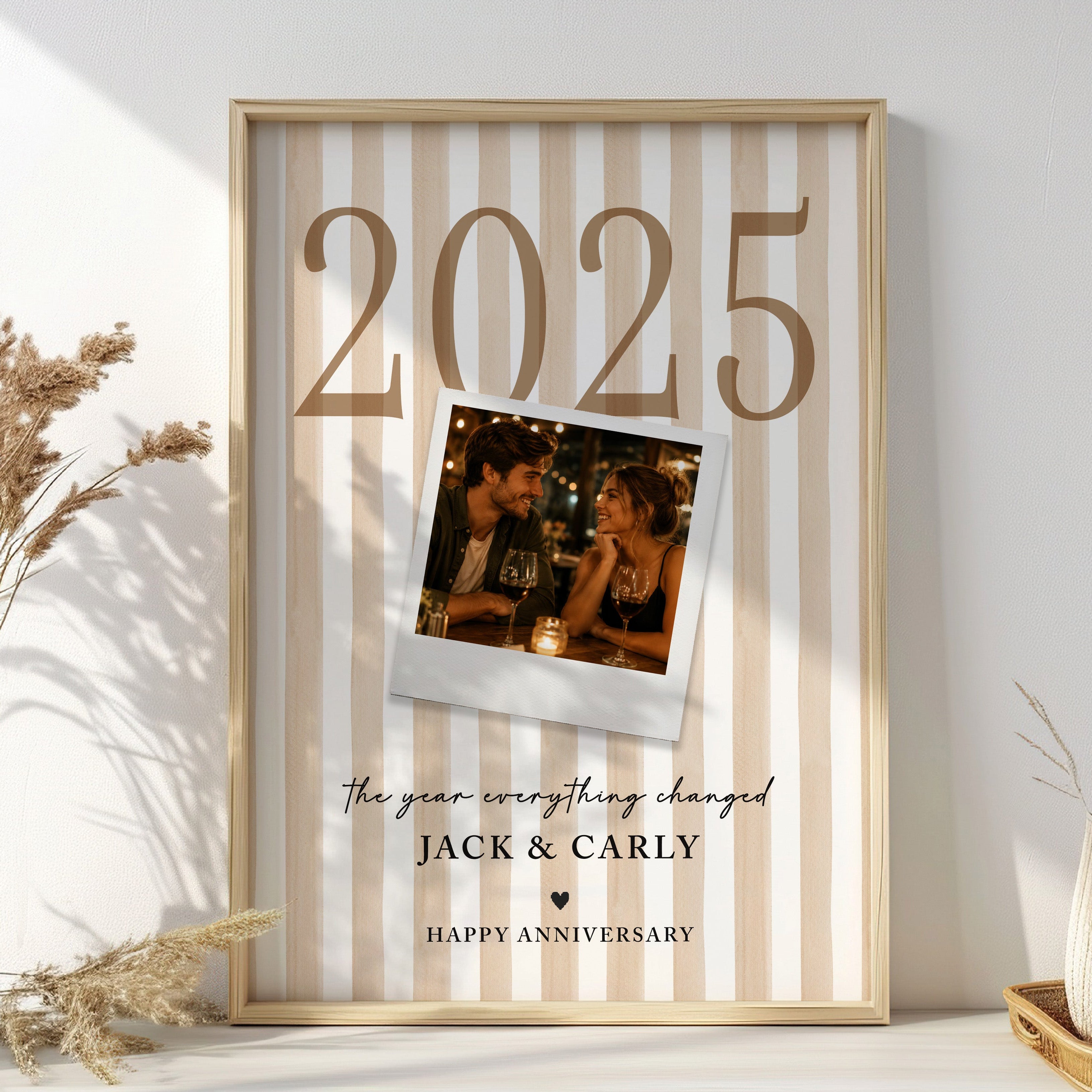 Personalised anniversary photo print with couple photograph, large special year, names and cream striped background.