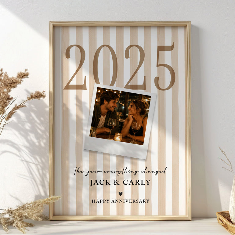 Personalised anniversary photo print with couple photograph, large special year, names and cream striped background.