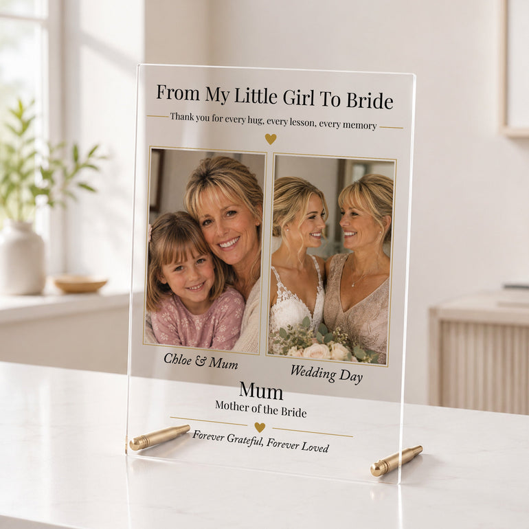Personalised Mother of the Bride acrylic photo plaque with childhood and wedding day photographs of Mum and daughter