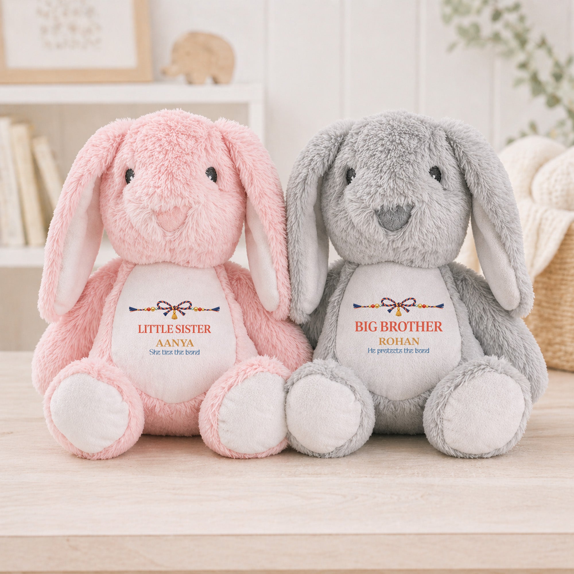 Pink Big Sister and blue Little Brother bunnies personalised with names and matching Raksha Bandhan designs.