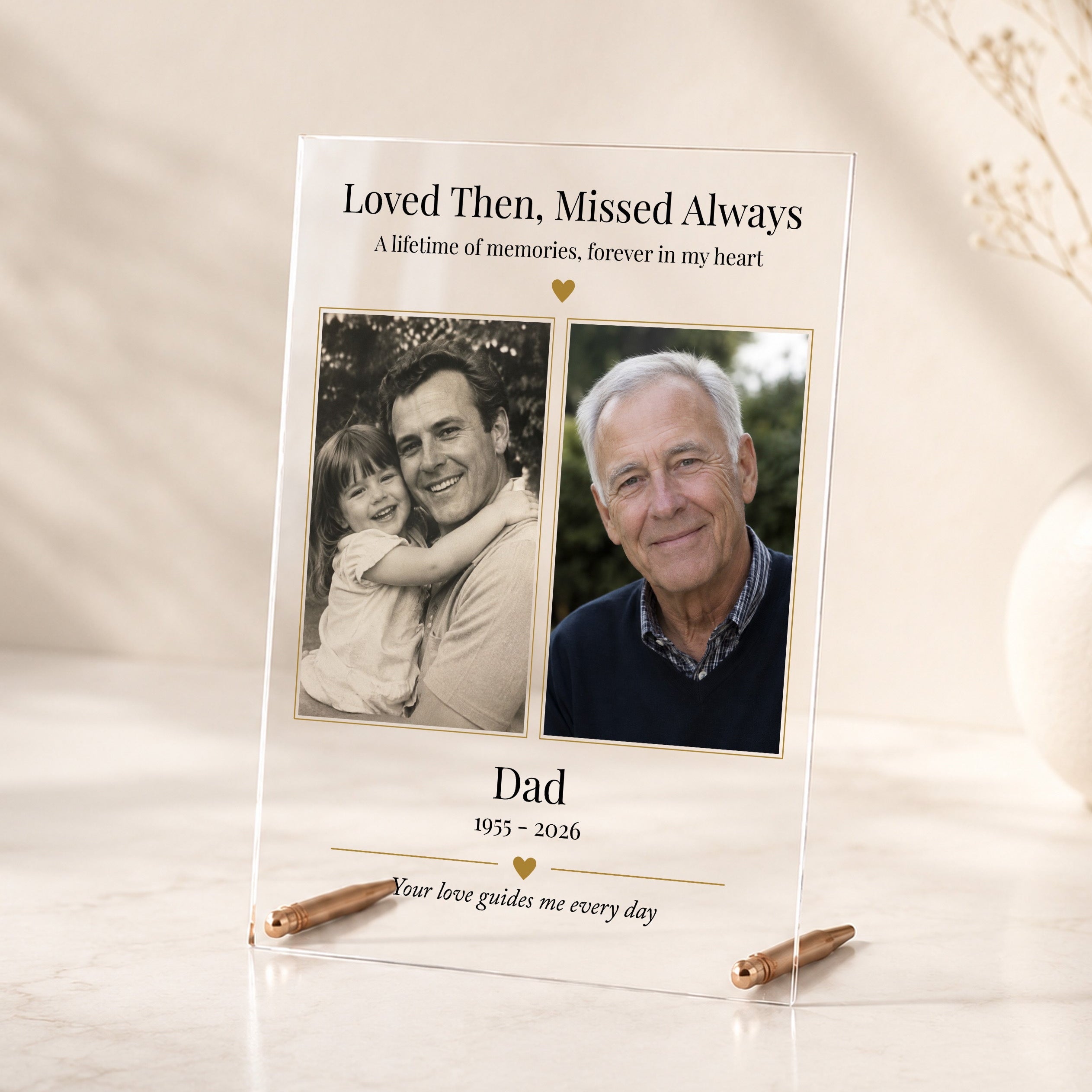 Personalised Dad memorial acrylic photo plaque with two treasured photographs, memorial dates and rose gold display rods