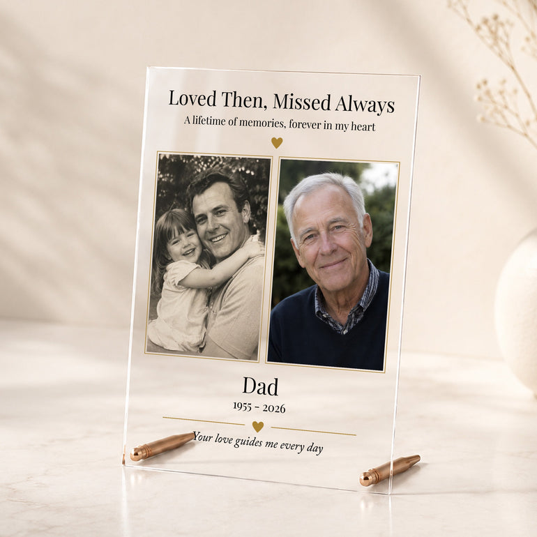 Personalised Dad memorial acrylic photo plaque with two treasured photographs, memorial dates and rose gold display rods