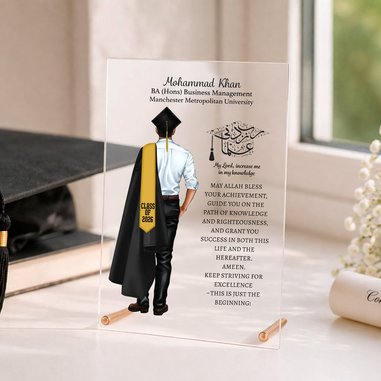 personalised Muslim graduation acrylic plaque for him with metal rods