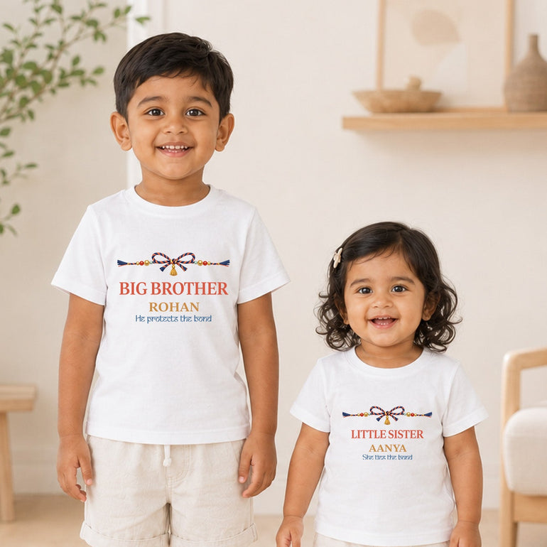 Brother and sister wearing matching personalised Big Brother and Little Sister Raksha Bandhan T-shirts.