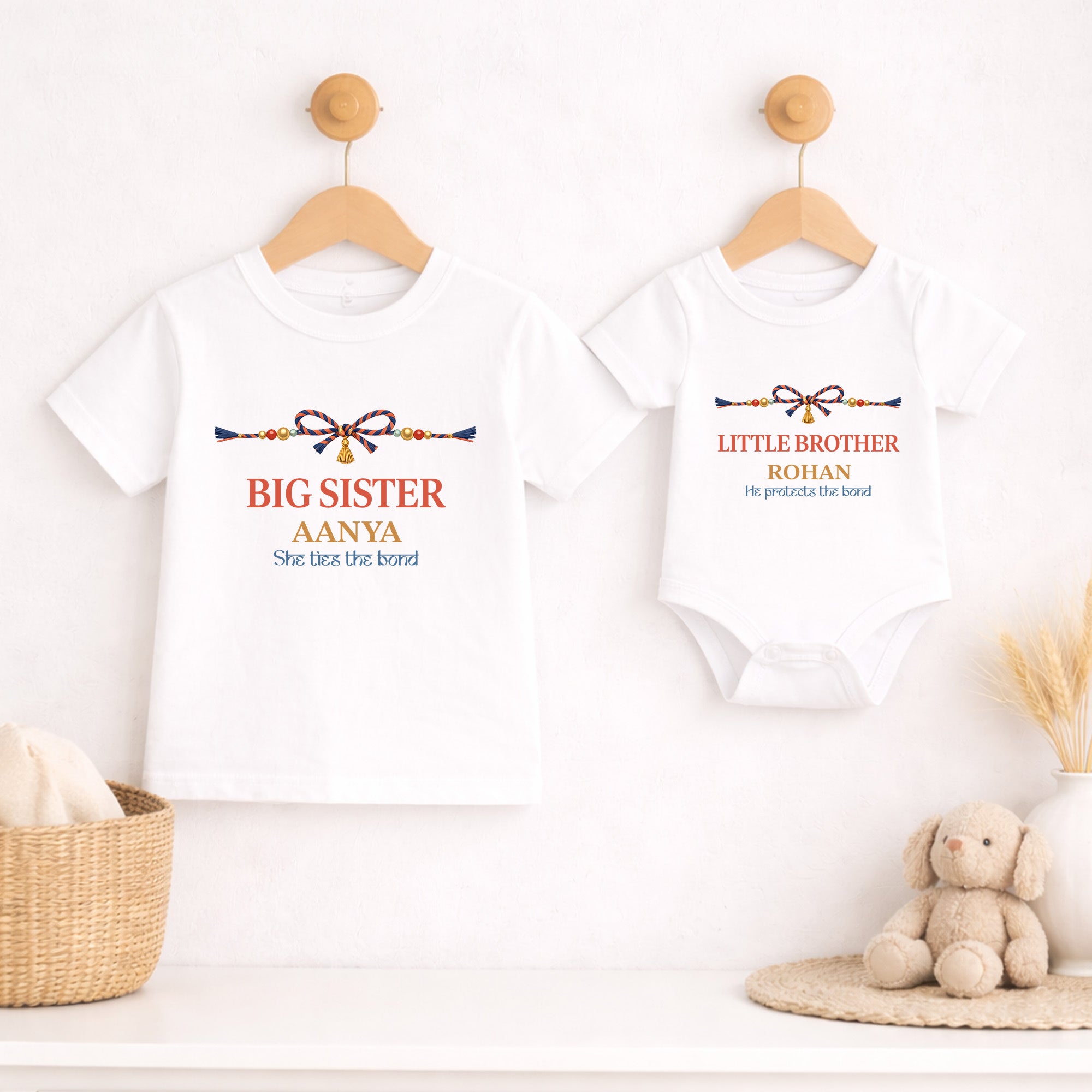 White Big Sister T-shirt and Little Brother baby vest with personalised names and matching Raksha Bandhan designs.