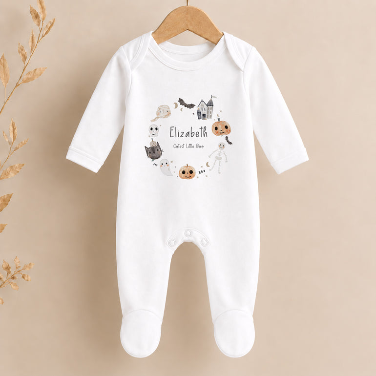 Personalised Halloween baby grow with name Elizabeth, Cutest Little Boo wording and soft illustrated spooky Boo Crew design