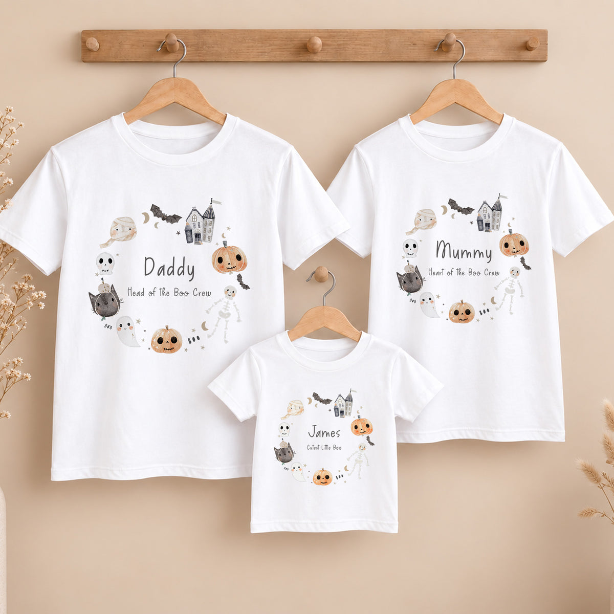 Personalised matching family Halloween T-shirts for Mummy Daddy and child with Boo Crew pumpkins ghosts skeleton and haunted house design