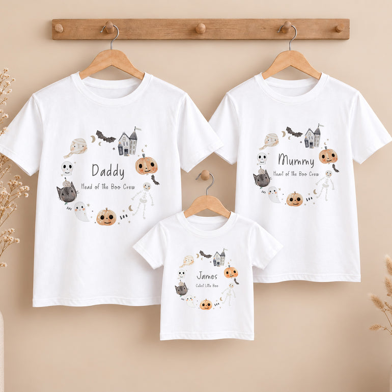 Personalised matching family Halloween T-shirts for Mummy Daddy and child with Boo Crew pumpkins ghosts skeleton and haunted house design