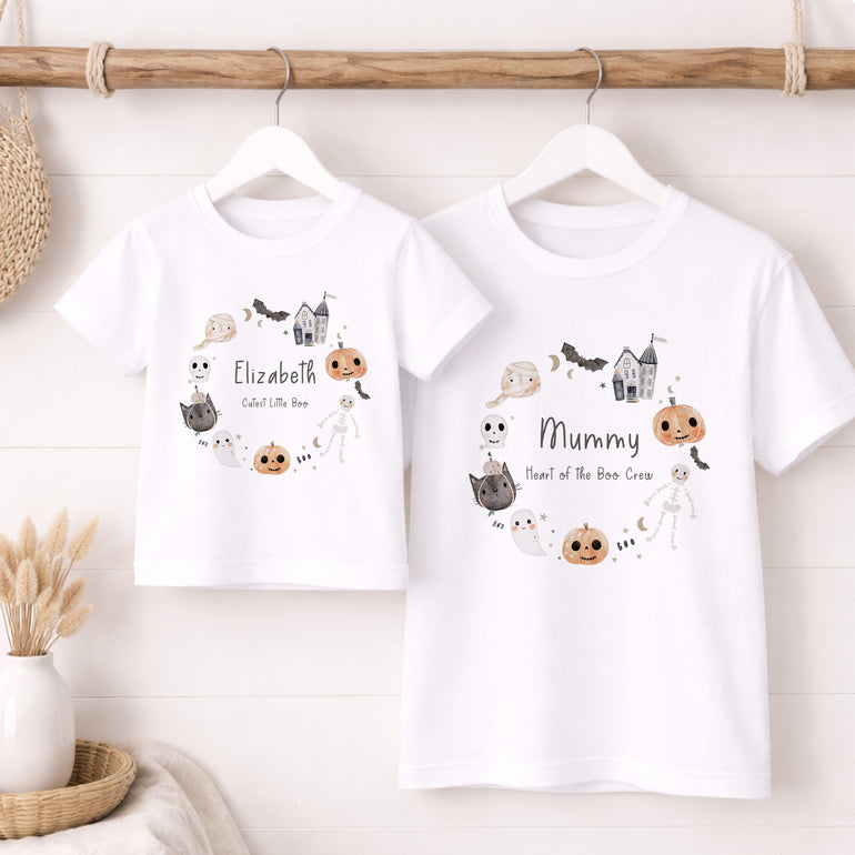 Matching Mummy and child Halloween T-shirts with Heart of the Boo Crew and personalised Cutest Little Boo designs