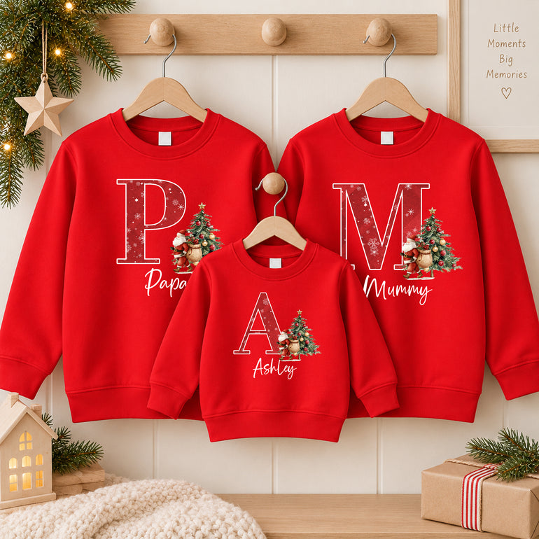 Custom Christmas jumper with a large red initial, Santa, Christmas tree and name, alternative view