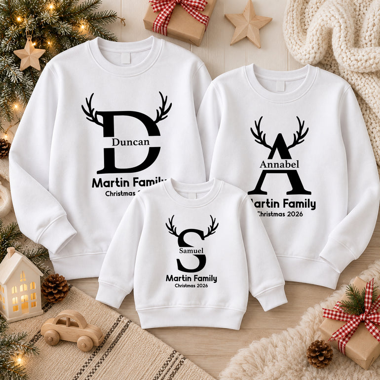 Matching family Christmas jumper with antler initial, name, family name and Christmas 2026, alternative view