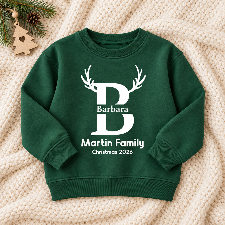 Matching family Christmas jumper with antler initial, name, family name and Christmas 2026, alternative view