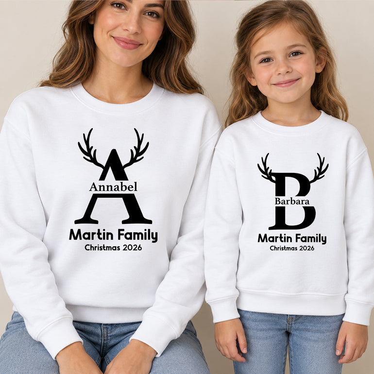 Matching family Christmas jumper with antler initial, name, family name and Christmas 2026, alternative view
