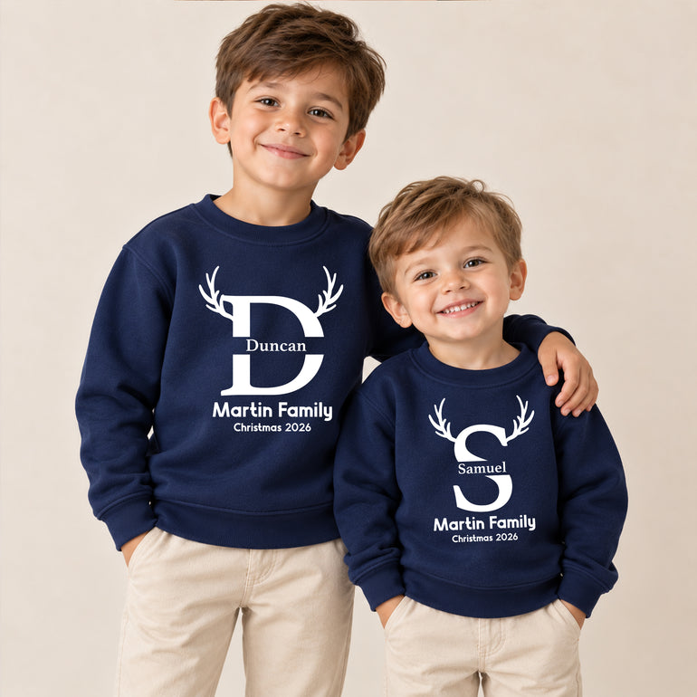 Matching family Christmas jumper with antler initial, name, family name and Christmas 2026, alternative view