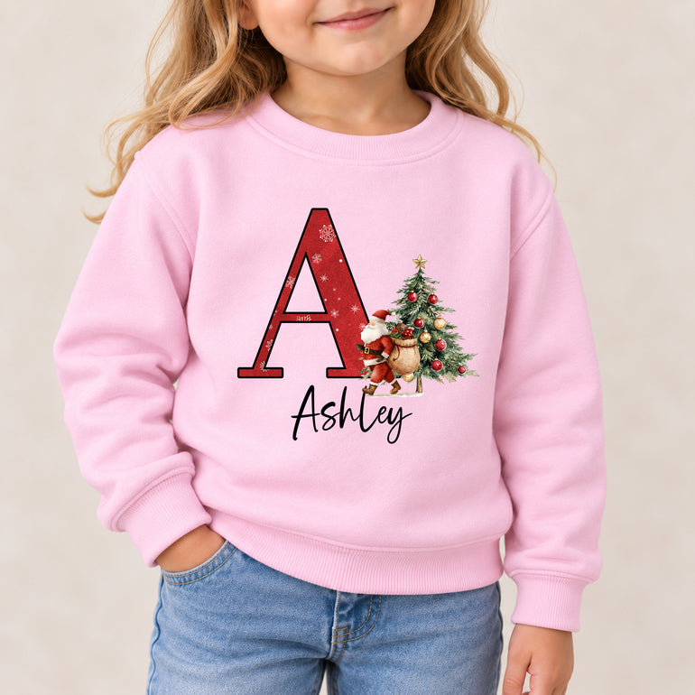 Custom Christmas jumper with a large red initial, Santa, Christmas tree and name, alternative view