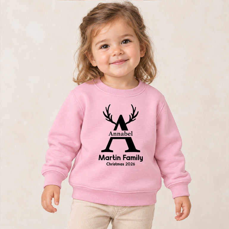 Matching family Christmas jumper with antler initial, name, family name and Christmas 2026, alternative view