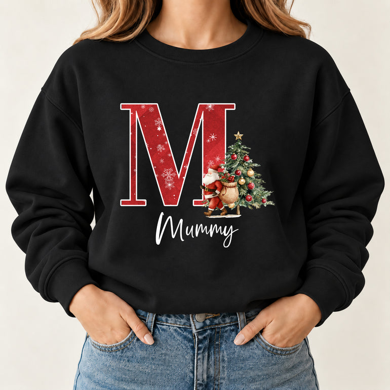 Custom Christmas jumper with a large red initial, Santa, Christmas tree and name, alternative view