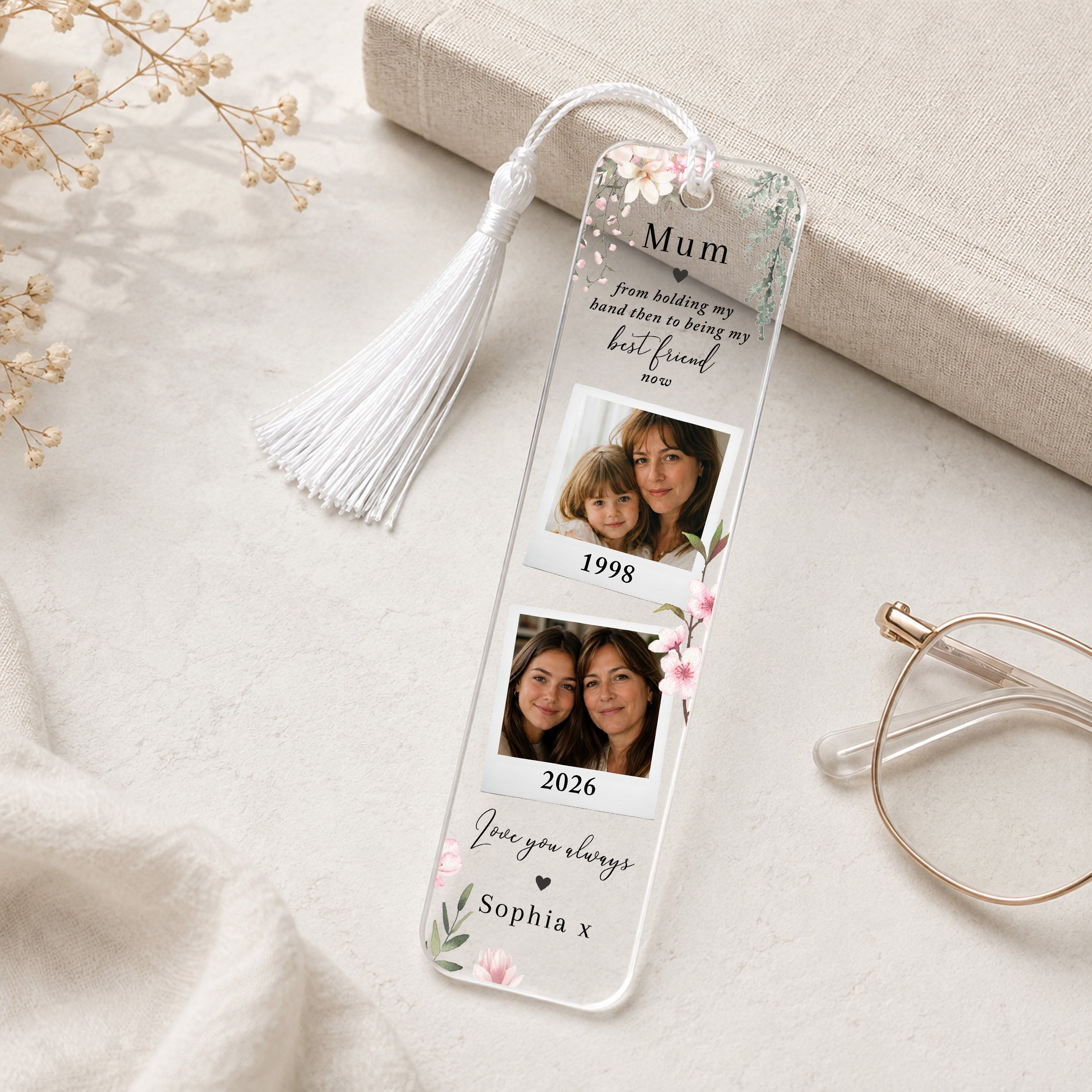 Personalised Mum then and now photo bookmark with childhood and adult mother daughter photographs, floral design and white tassel.