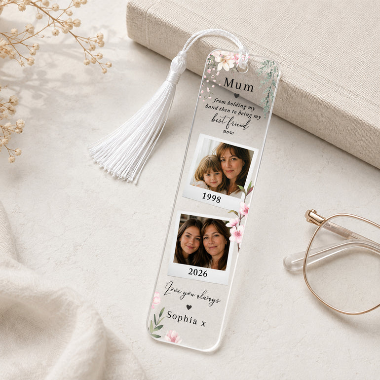 Personalised Mum then and now photo bookmark with childhood and adult mother daughter photographs, floral design and white tassel.