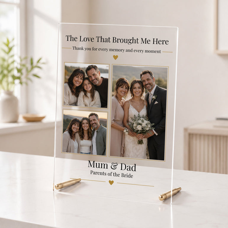 Personalised Parents of the Bride acrylic photo plaque for Mum and Dad with three family and wedding photographs and rose gold rods