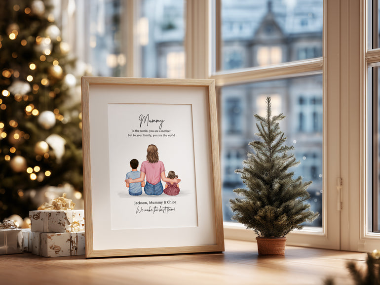 Personalised mummy and children portrait print with two kids sitting together illustration