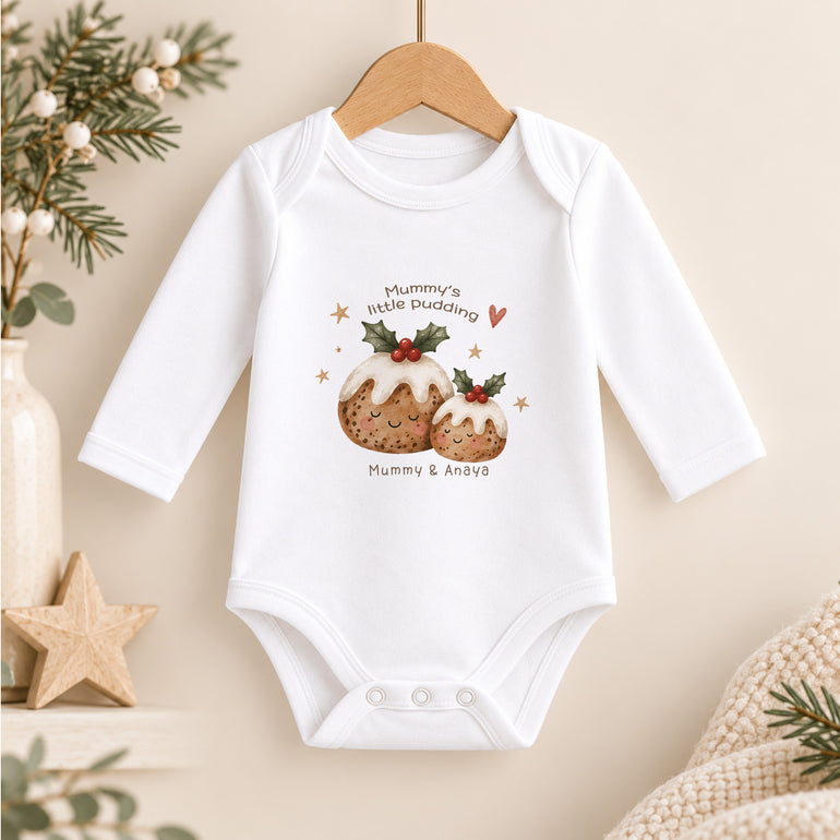 Child Christmas clothing with Mummy’s Little Pudding design personalised with child’s name