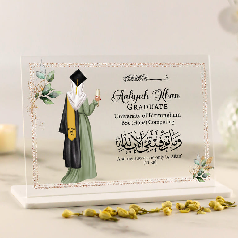 Personalised Muslim female graduation plaque with hijabi figure, Islamic quote, and custom text on acrylic stand.