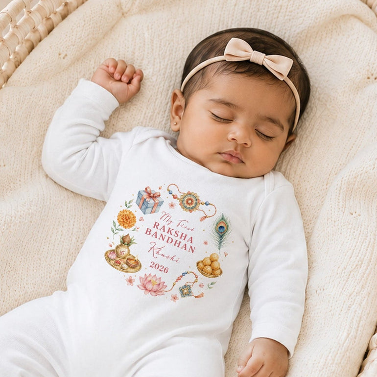 Sleeping baby girl wearing a personalised My First Raksha Bandhan baby grow with a colourful festival wreath.