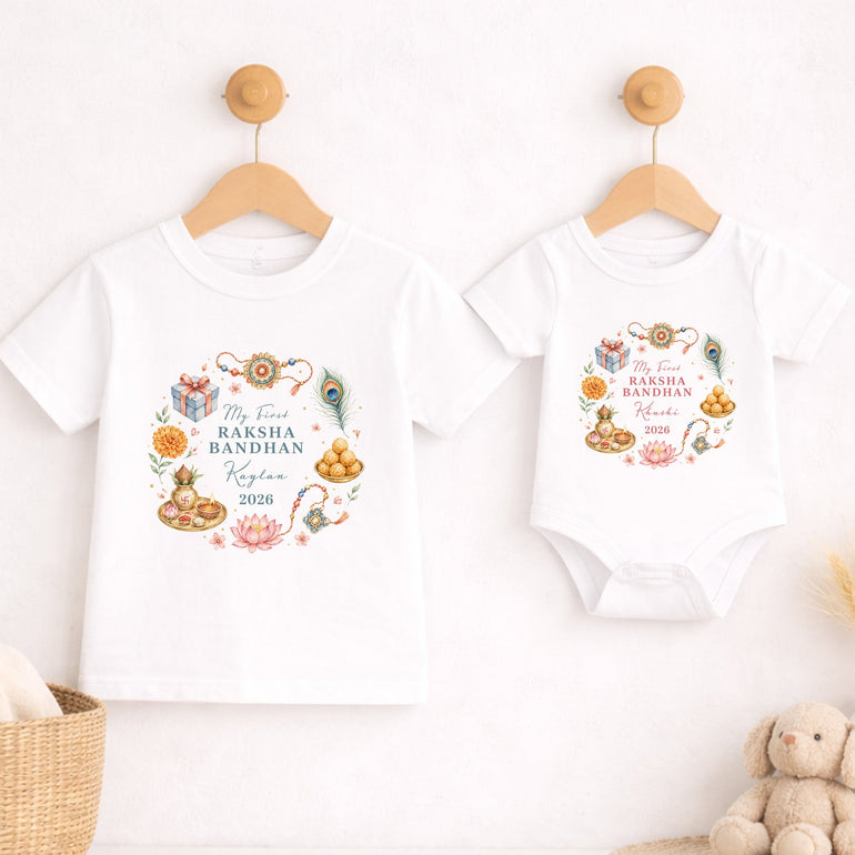 White children’s T-shirt and baby vest personalised with colourful My First Raksha Bandhan festival wreath designs.