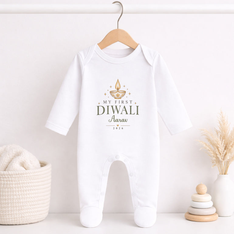 Personalised My First Diwali baby grow with neutral gold diya name and year design