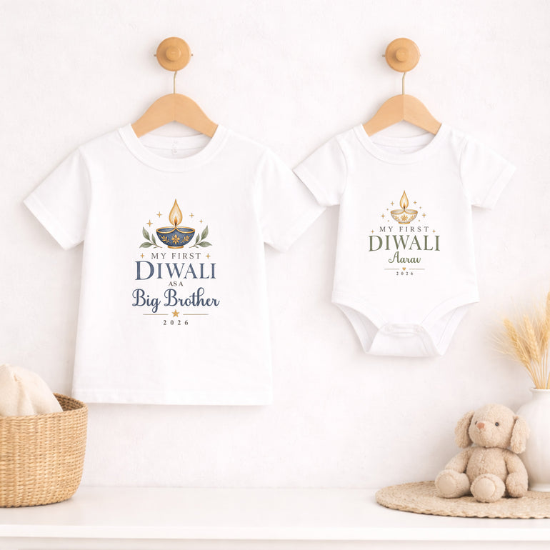 Matching First Diwali Big Brother and baby personalised family outfits