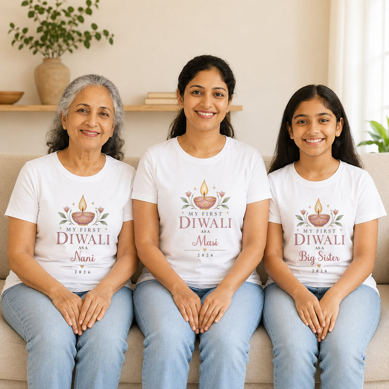 Matching personalised First Diwali family T-shirts for Nani Masi and Big Sister