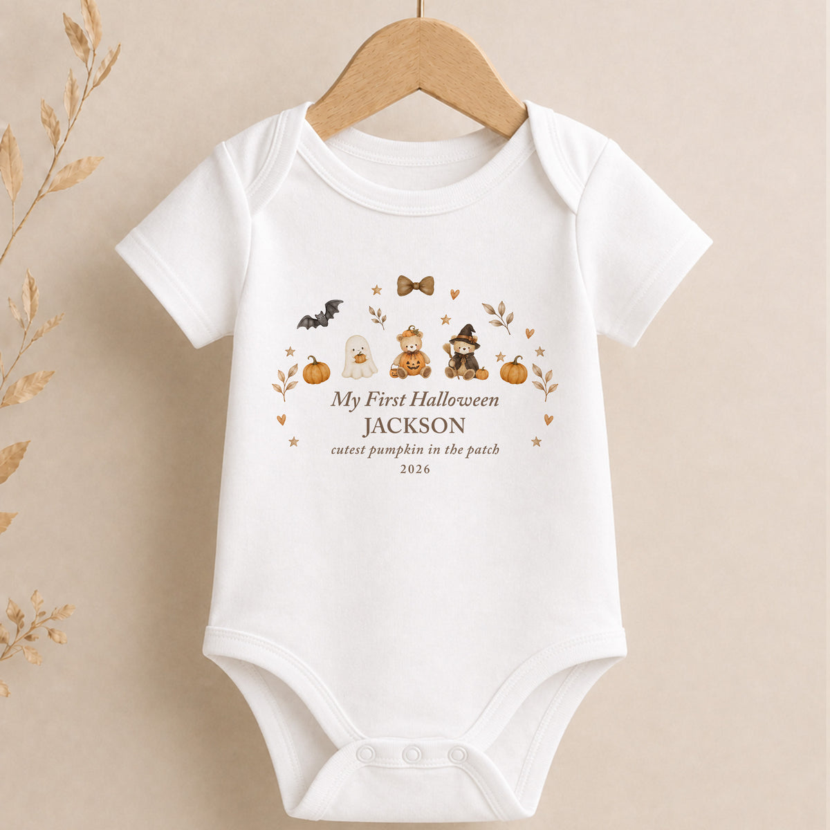 Personalised My First Halloween baby vest with cutest pumpkin in the patch name and year design