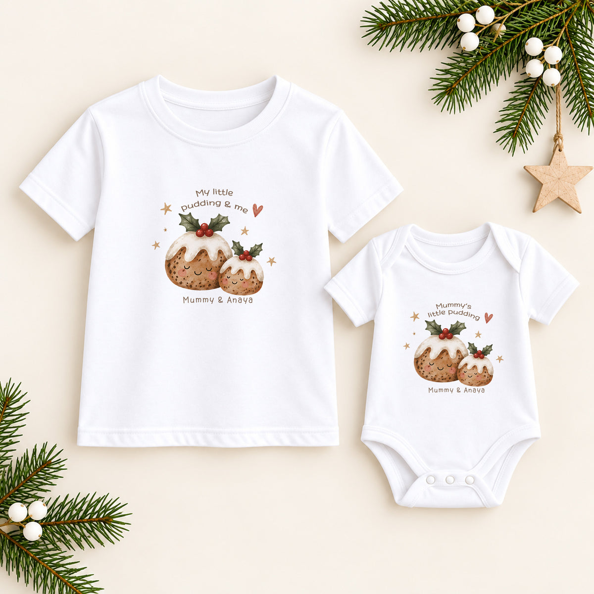 Personalised matching Mummy and baby Christmas clothing with festive pudding illustrations, Little Pudding wording and child’s name
