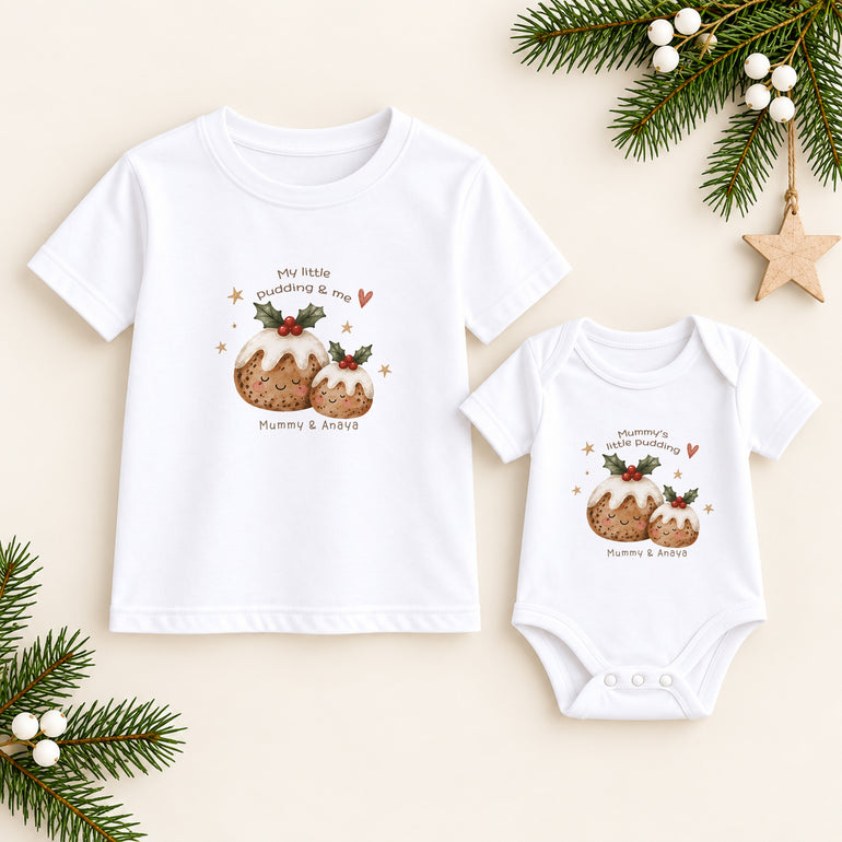 Personalised matching Mummy and baby Christmas clothing with festive pudding illustrations, Little Pudding wording and child’s name