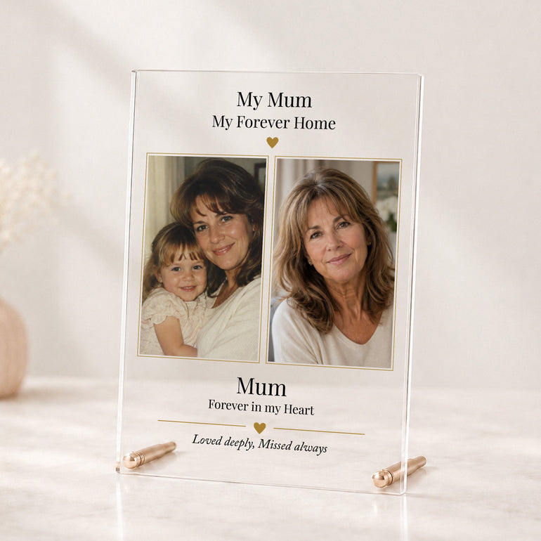 Personalised Mum memorial acrylic photo plaque with two treasured photographs and rose gold display rods