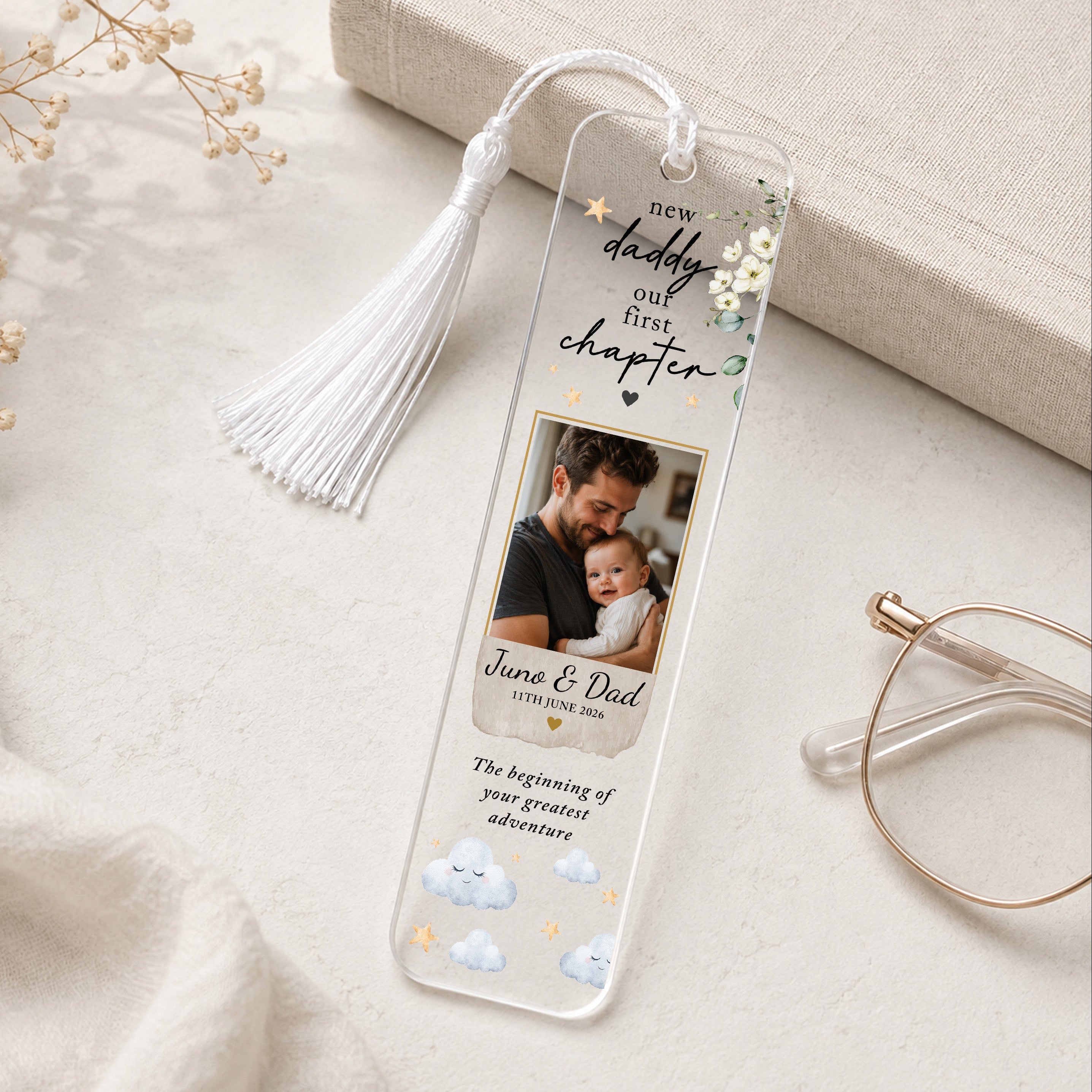 Personalised new Daddy photo bookmark with Dad and baby picture, names, date, cloud design and white tassel.