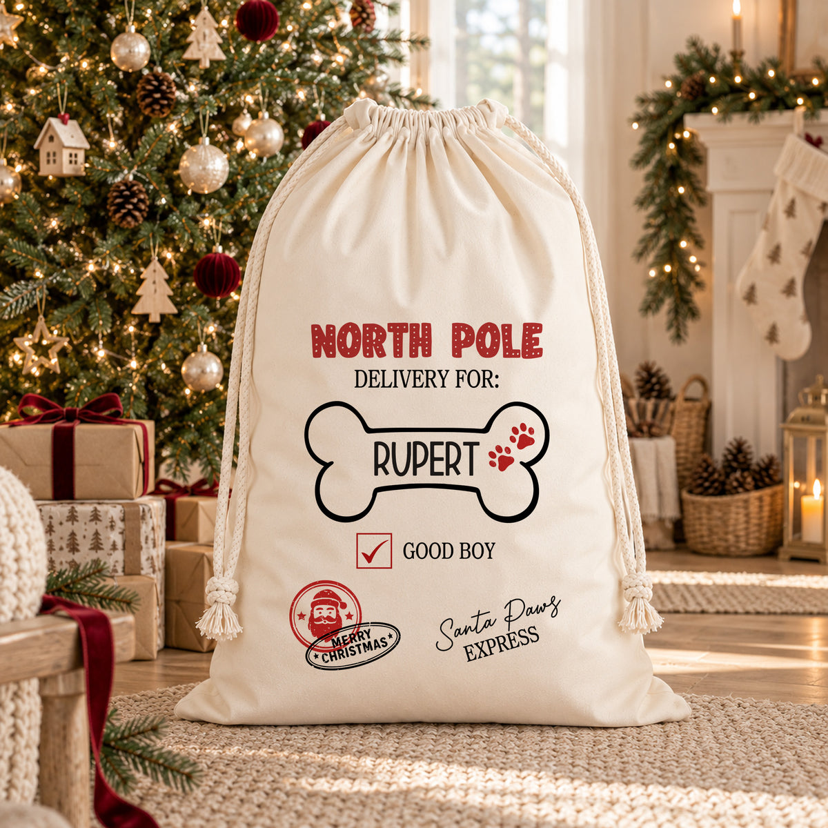 Cream dog Christmas sack personalised with Rupert inside a bone outline, with North Pole lettering and a Good Boy checkbox, beside a decorated tree.
